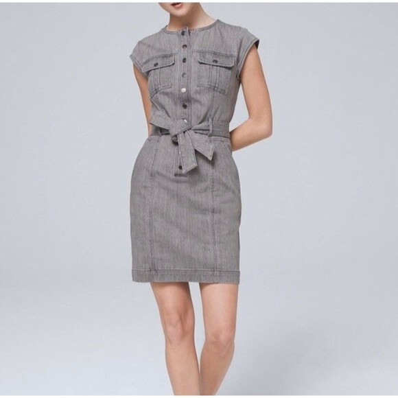 WHBM Women's Snap Button Front Gray Acid Wash Belted Denim Mini Dress - Picture 2 of 10
